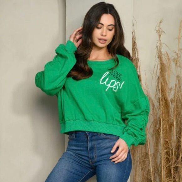 81. WOMEN'S OVERSIZED RUCHED LONG SLEEVE GRAPHIC SWEATSHIRT - Picture 2 of 3